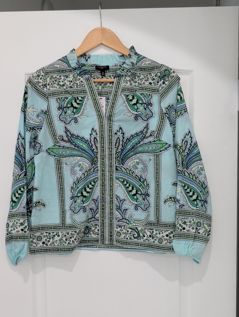New Talbots Paisley & Floral Loose Fit Long Sleeve Blouse Top SP Sky Blue Green